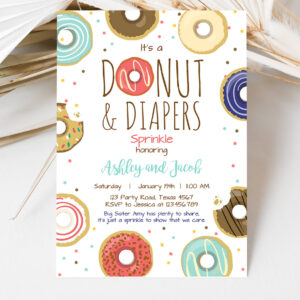3 Editable Donut and Diapers Sprinkle Invitation Baby Shower Coed Shower Boy Navy Blue Red Sweet Printable Corjl Template Digital 0050 1