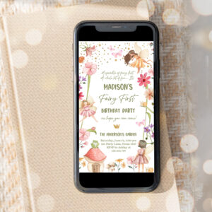3 Editable Fairy First Birthday Evite Electronic Fairy Garden Fairy Forest Girl 1st Birthday Magical Phone