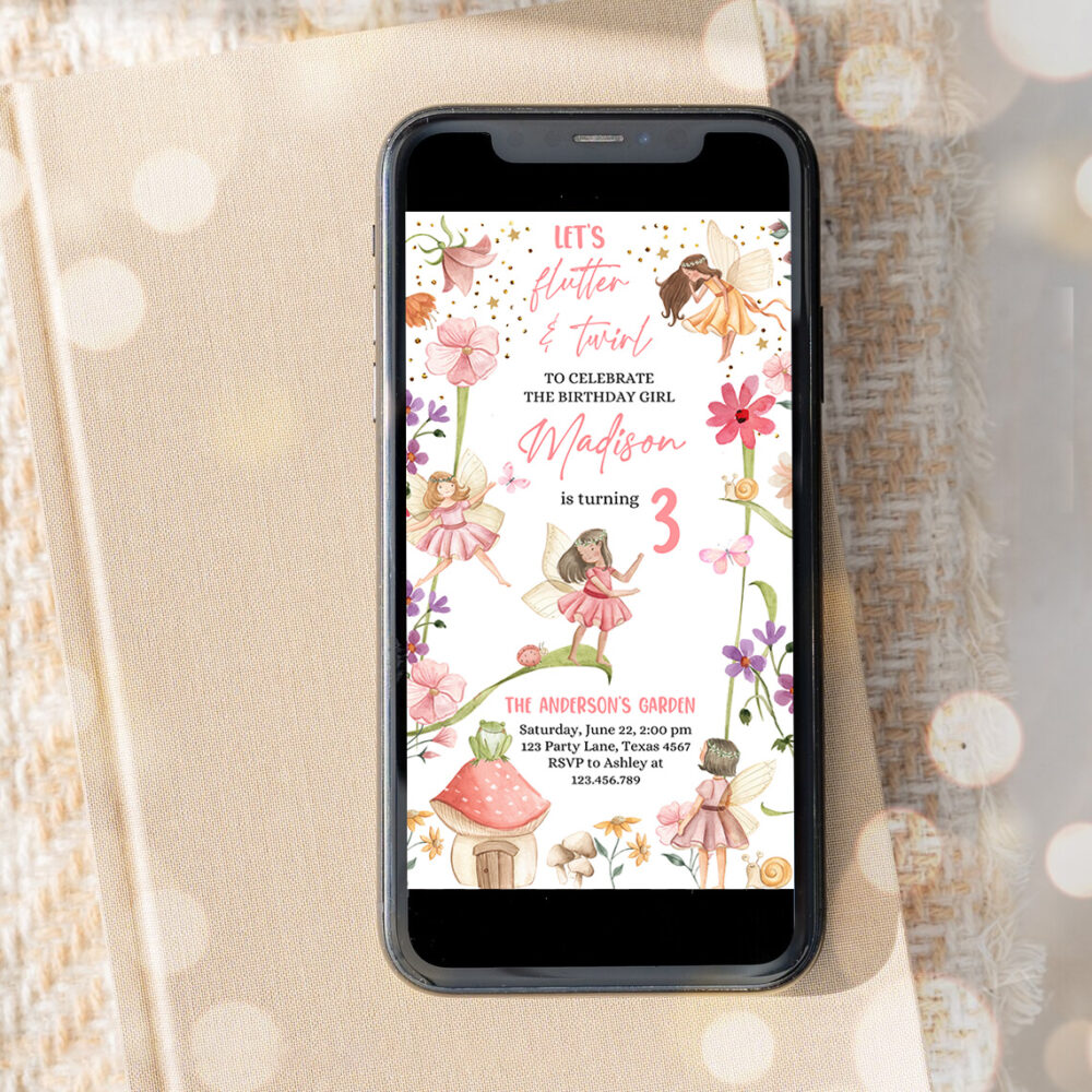 3 Editable Fairy Party Birthday Evite Electronic Fairy Garden Fairy Forest Girl 1st Birthday First Magical Phone