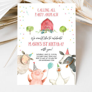 3 Editable Farm Animals Birthday Invitation Boy Farm Barnyard First Birthday Party Animals Confetti Party Invitation