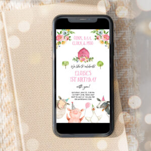 3 Editable Farm Birthday Evite Girl Farm Animals Pink Floral Barnyard Party Invitation Download Phone Invitation