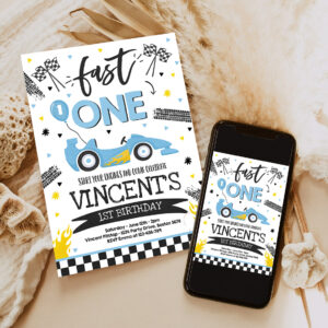 3 Editable Fast One 1st Birthday Invite Fast One Boy Race Car 1st Birthday Party Invite Fast One Blue Race Car Party