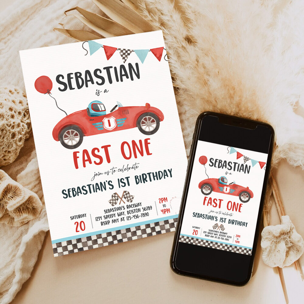 3 Editable Fast One Race Car 1st Birthday Invitation Race Car Fast One Birthday Boy Vintage Red Race Car 1st Birthday Instant Download VR 1