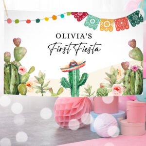 3 Editable First Fiesta Birthday Backdrop Banner Mexican Cactus Succulent Desert Floral Girl Shower Download Corjl Template Printable 0404 1