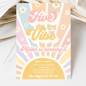3 Editable Five Is A Vibe Birthday Invitation Retro Daisy Sunshine 5th Birthday Daisy Hippie Rainbow Sunshine Birthday