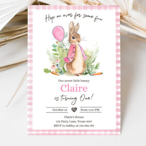 3 Editable Flopsy Bunny Birthday Party Invitation Girl Pink Rustic Peter Rabbit 1st Birthday Invite Hop on Over Corjl Template Printable 0351 1