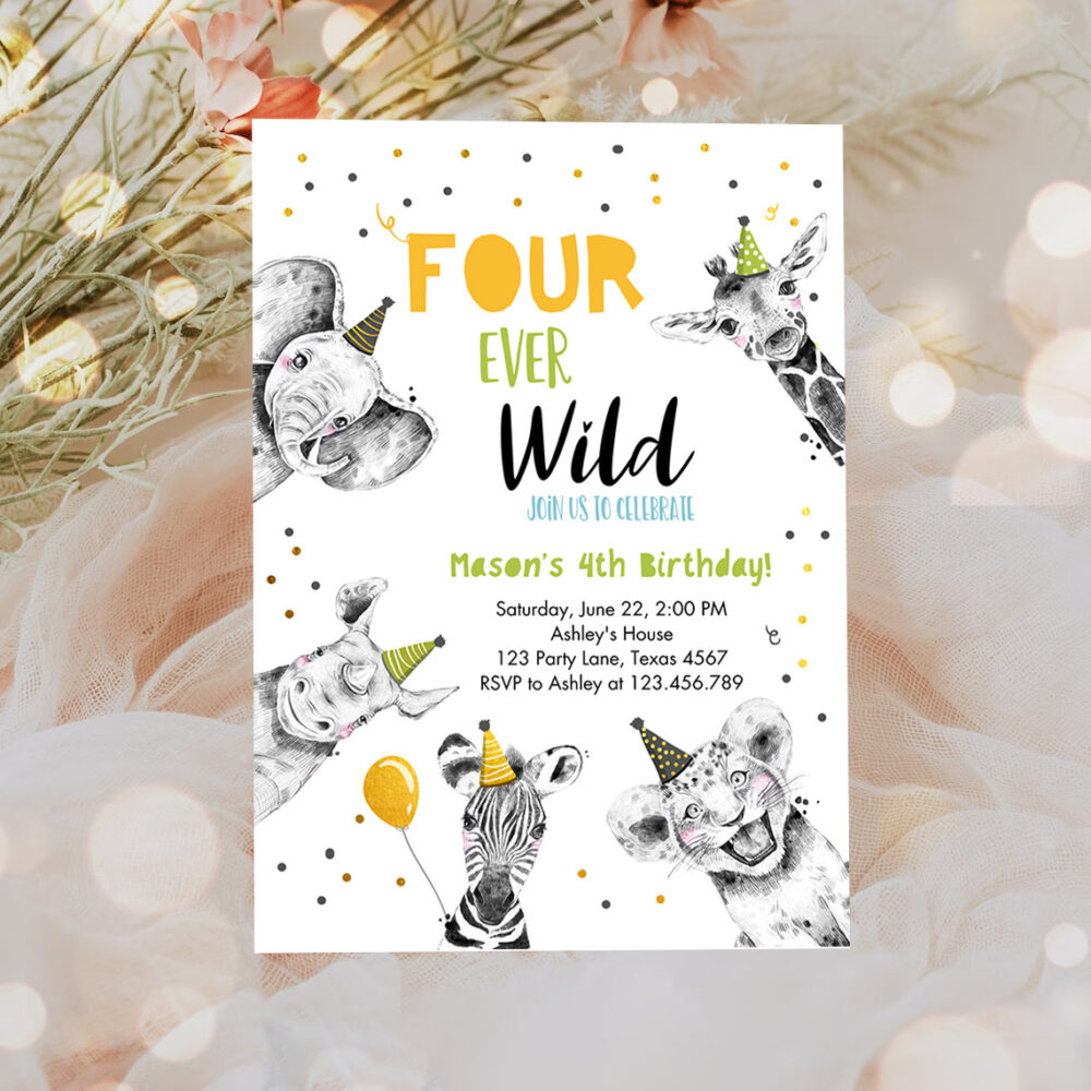 3 Editable Four Ever Wild Birthday Invitation Boy Green Gold Safari Party Animals Fourth Birthday 4th Printable Template Digital Corjl 0390 1