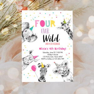 3 Editable Four Ever Wild Birthday Party Invitation Girl Pink Gold Safari Party Animals Fourth Birthday 4th Printable Template Digital Corjl 0390 1