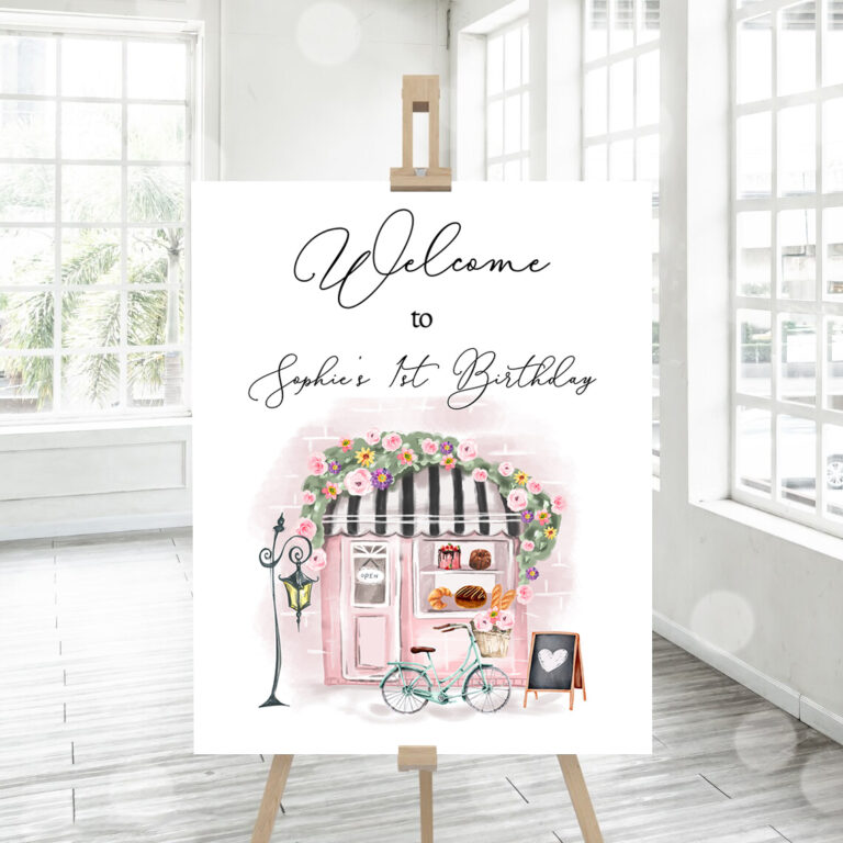 3 Editable French Birthday Welcome Sign Patisserie Tea Party Birthday Floral Pink France Paris Party Parisian Template PRINTABLE Corjl 0441 1