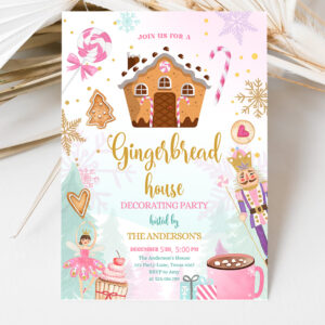3 Editable Gingerbread House Decorating Party Invitation Land of Sweets Pink Gold Cookie Decorating Download Printable Template Corjl 0352 1