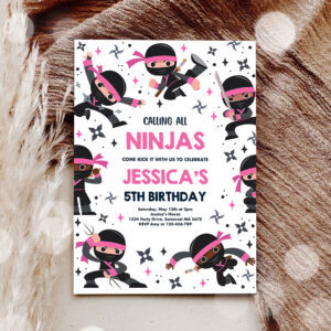 3 Editable Girl Ninja Birthday Party Invitation Pink Karate Birthday Warrior Birthday Party Martial Arts Ninja Party