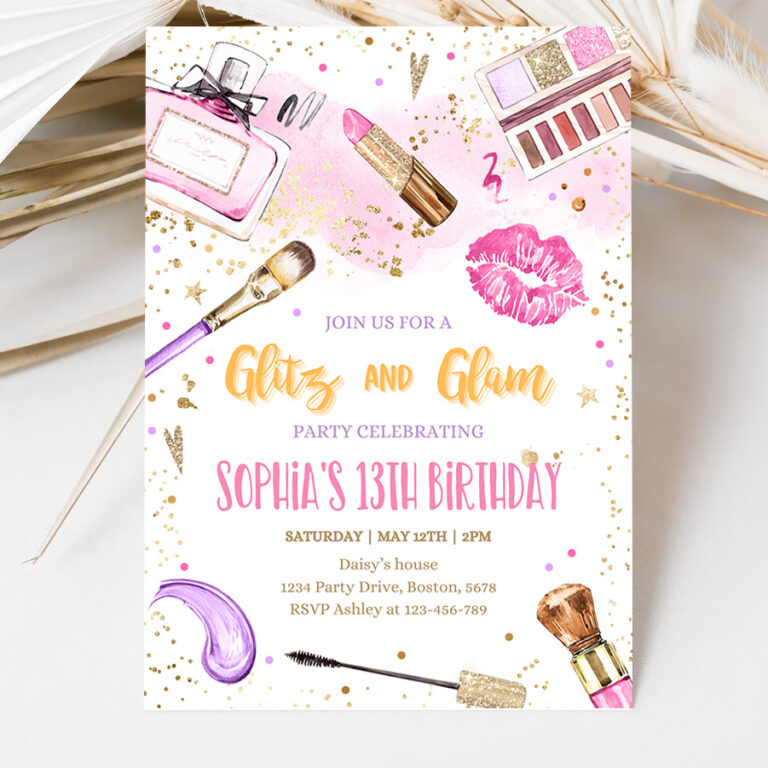 3 Editable Glitz And Glam Birthday Party Invitation Spa Makeup Birthday Party Invitation Blush Pink Gold Spa Tween Party