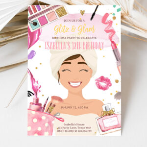 3 Editable Glitz and Glam Birthday Invitation Spa Party Makeup Birthday Invitation Pink Gold Girl Download Printable Template Corjl 0420 1