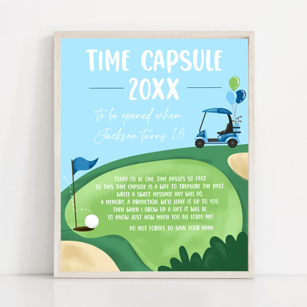 3 Editable Golf Time Capsule First Birthday Party Hole in One Birthday First Par tee Guestbook Boy Golfing Template Printable Corjl 0405 1