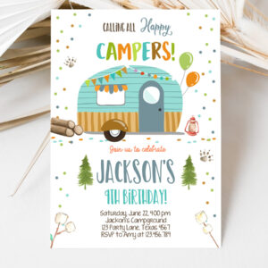 3 Editable Happy Camper Birthday Invitation Boy Birthday Camping Party Smore Forest Glamping Download Printable Template Digital Corjl 0342 1