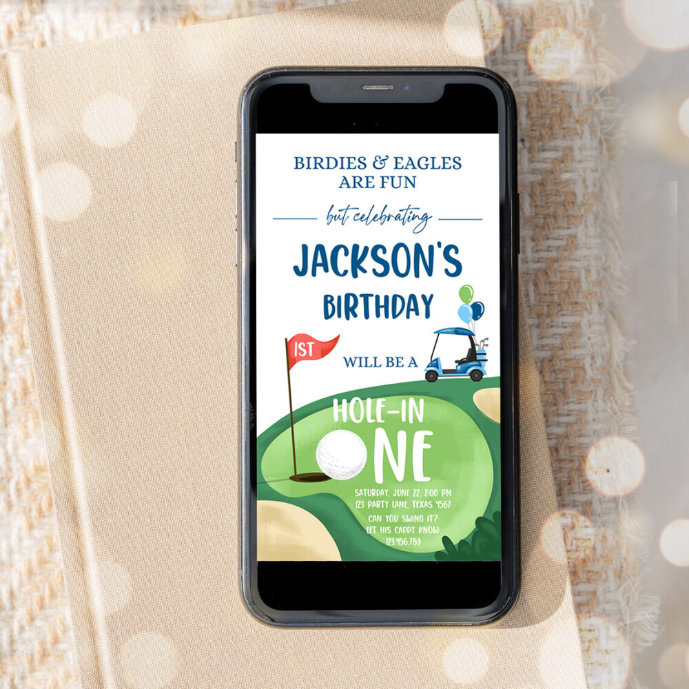 3 Editable Hole in One Birthday Evite Golf First Birthday Par tee Golf Invite Boy Golf Download Electronic Phone Template Digital