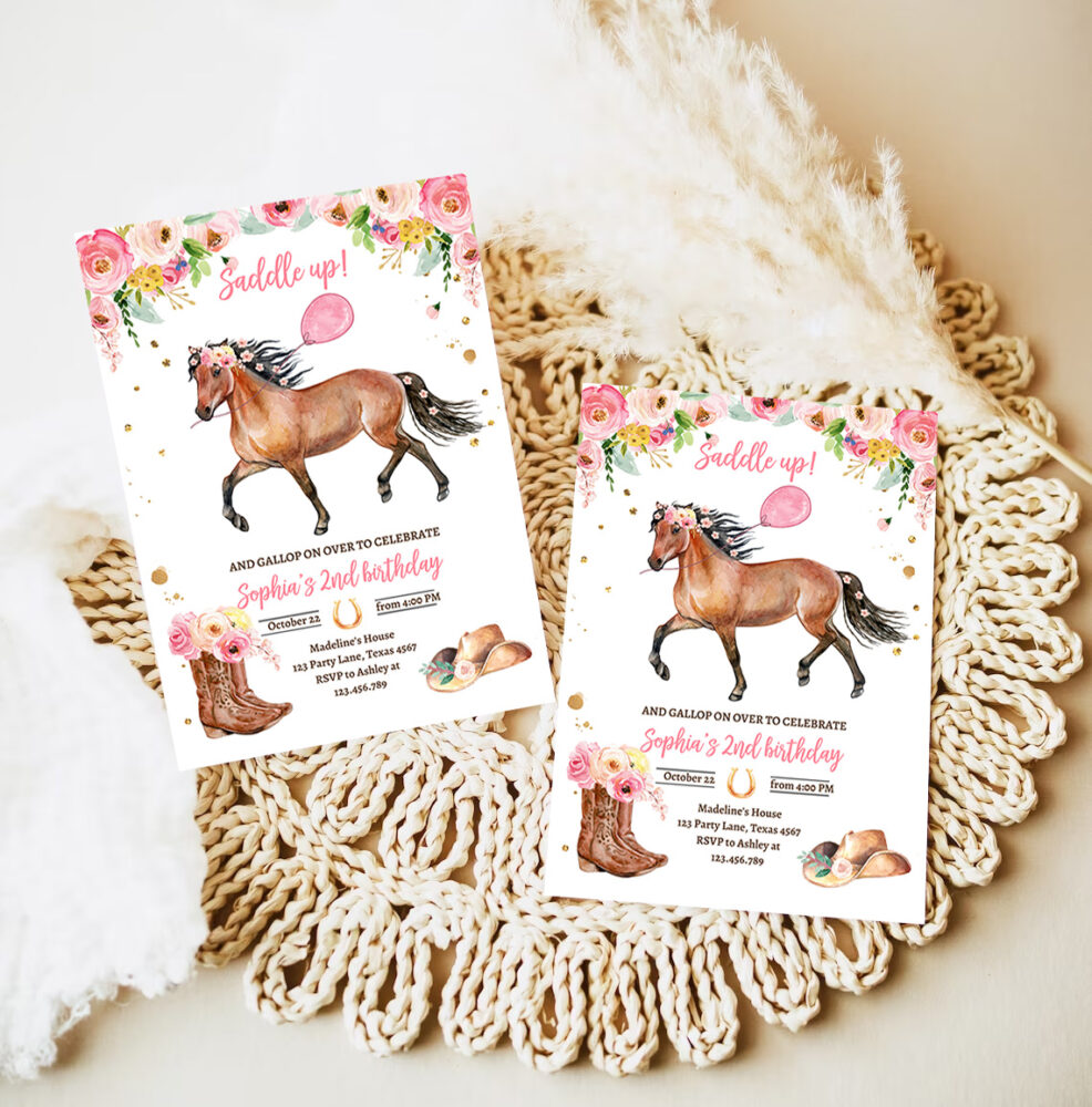 3 Editable Horse Birthday Invitation Girl Saddle Up Watercolor Cowgirl Horse Party Invite Pink Floral Download Printable Template Corjl 0408 1
