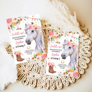3 Editable Horse Birthday Party Invitation Girl Saddle Up Watercolor Cowgirl Party Horse Invite Pink Floral Download Printable Template Corjl 0408 1