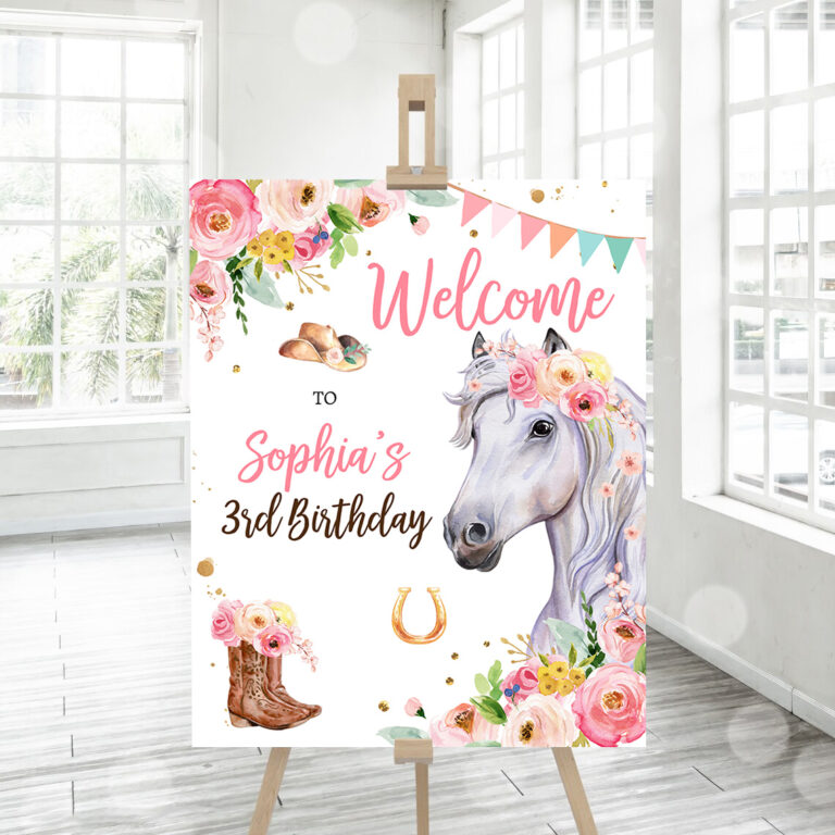 3 Editable Horse Birthday Welcome Sign Pony Birthday Welcome Sign Cowgirl Party Floral Girl Horse Party Download Template Corjl PRINTABLE 0408 1