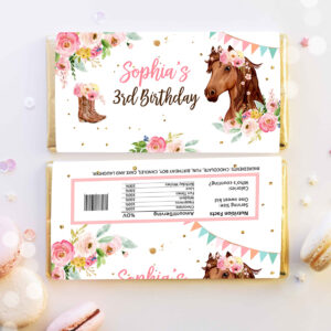 3 Editable Horse Chocolate Bar Labels Candy Bar Wrapper Horse Birthday Cowgirl Floral Girl Saddle Up Download Corjl Template Printable 0408 1