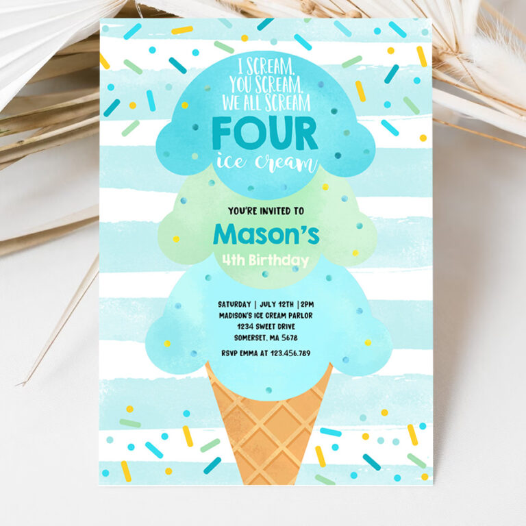 3 Editable Ice Cream Birthday Boy Invitation I scream You Scream We All Scream Four Ice Cream 4th Birthday Party Invite
