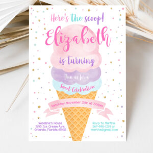 3 Editable Ice Cream Birthday Invitation First Birthday Party Heres the Scoop Cone Pink Mint Gold Purple Printable Template