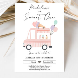 3 Editable Ice Cream Truck Birthday Invitation Ice Cream Sweet One Modern 1st Birthday Party First