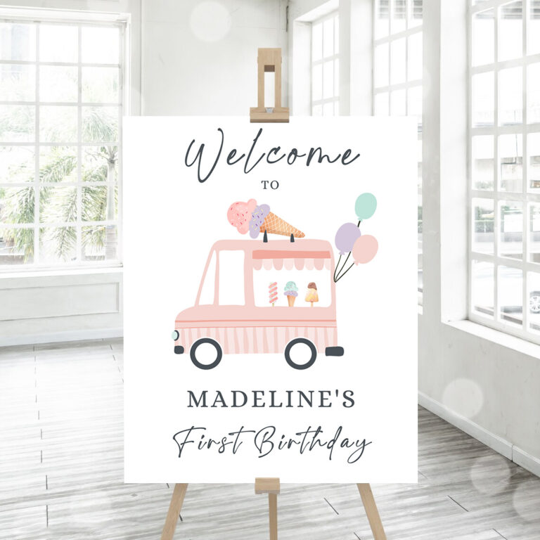 3 Editable Ice Cream Truck Party Welcome Sign Ice Cream Birthday Welcome Scoop Modern Girl Summer Pink Purple Template