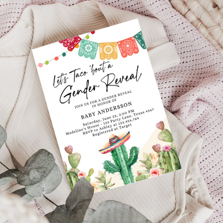 3 Editable Lets Taco Bout a Gender Reveal Party Invitation Cactus Mexican Fiesta He or She Boy Girl Watercolor Template Corjl Printable 0404 1