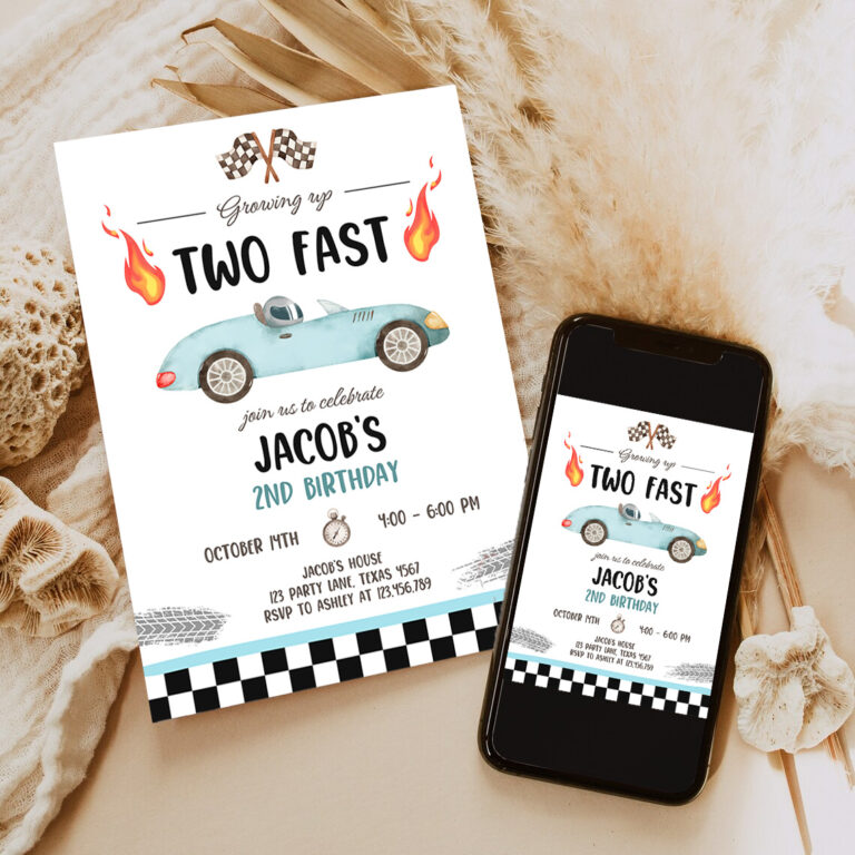3 Editable Light Blue Racing Car Birthday Invitation Growing Up Two Fast Invite Second Birthday 2nd Boy Party Invitation