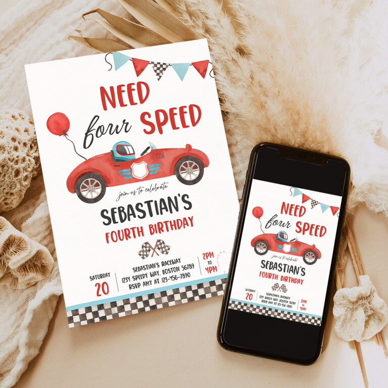 3 Editable Need Four Speed Race Car 4th Birthday Invitation Boy Vintage Red Race Car 4th Birthday Party Need 4 Speed Party
