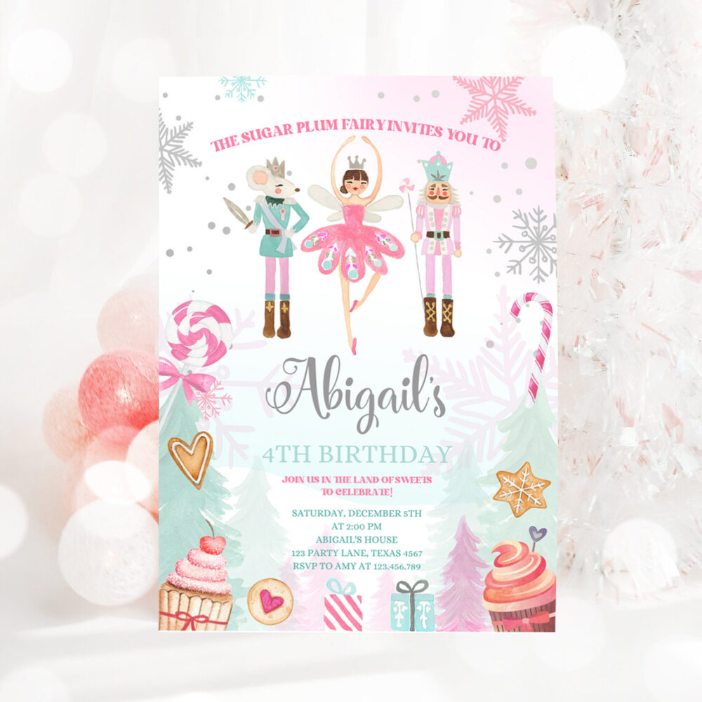 3 Editable Nutcracker Birthday Invite Girl Land of Sweets Invite Winter Pink Girl Sugar Plum Fairy Download Printable Template Corjl 0352 1