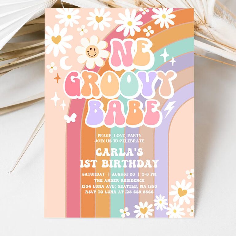 3 Editable One Groovy Babe Invite Daisy Rainbow Groovy 1st Birthday Invite Hippie Retro 1st Birthday Invitation