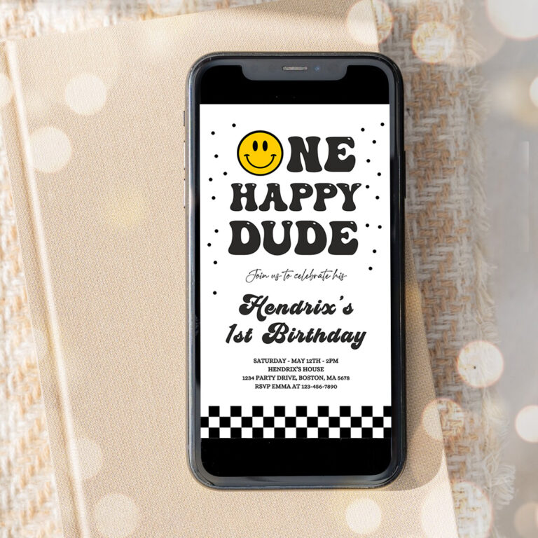 3 Editable One Happy Dude Birthday Evite Boy 1st Birthday Invitation Smiley Face Birthday Girl Download Phone Template