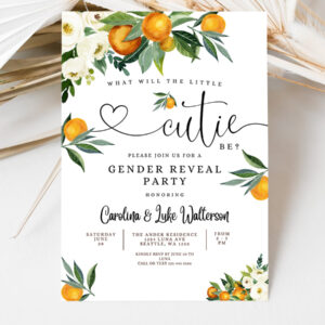 3 Editable Orange Gender Reveal Party Invitation A Little Cutie is on the Way Citrus Gender Reveal Invites Template
