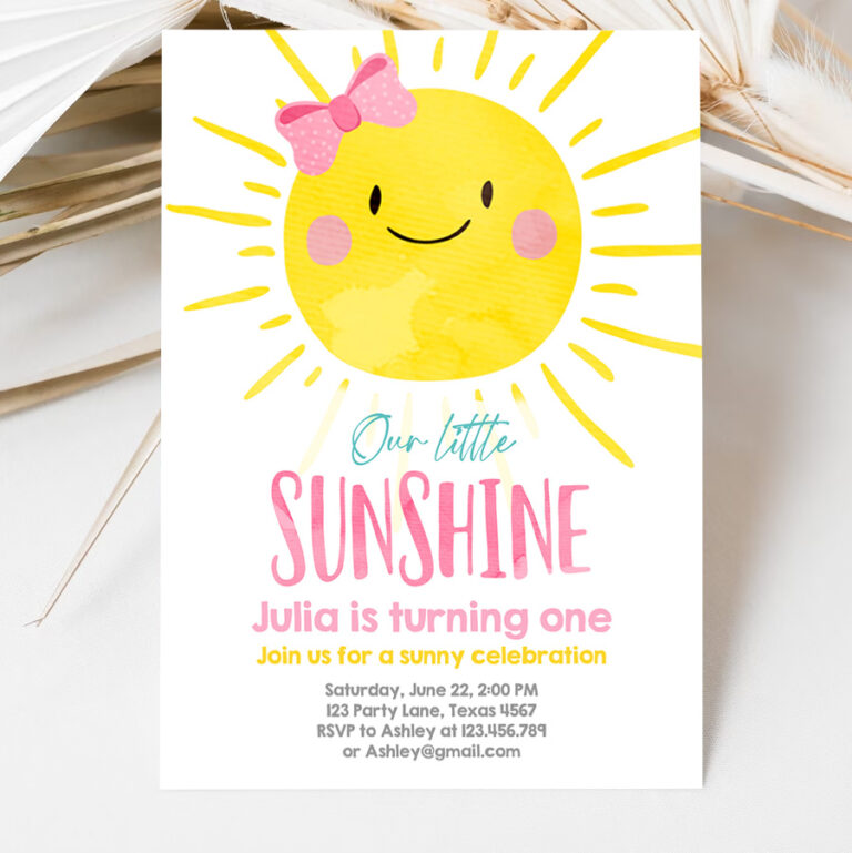 3 Editable Our Little Sunshine Birthday Invitation You Are My Sunshine First Birthday 1st Party Pink Girl Bow Party