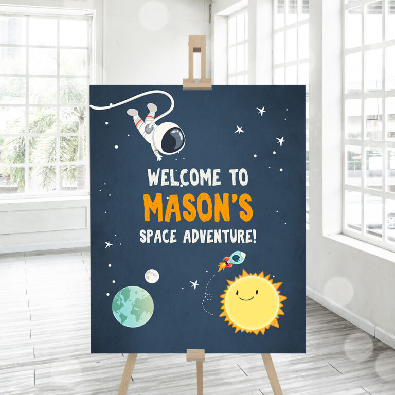 3 Editable Outer Space Astronaut Welcome Sign Birthday Baby Shower Welcome 1st Birthday Boy Space Adventure Template PRINTABLE Corjl 0046 1
