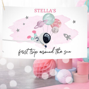 3 Editable Outer Space Backdrop Banner Space Birthday Girl First Trip Around the Sun Galaxy Planets Download Corjl Template Printable 0366 1