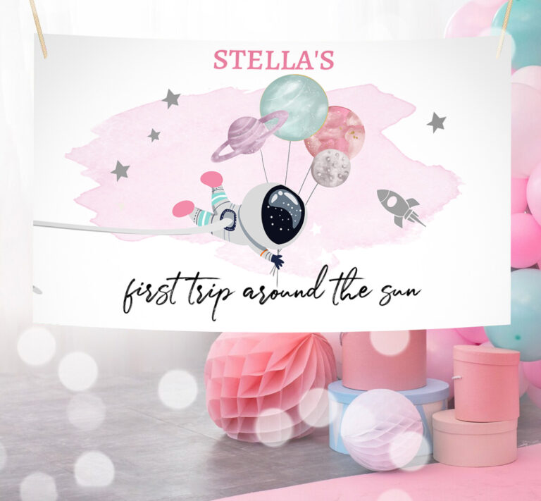 3 Editable Outer Space Backdrop Banner Space Birthday Girl First Trip Around the Sun Galaxy Planets Download Corjl Template Printable 0366 1