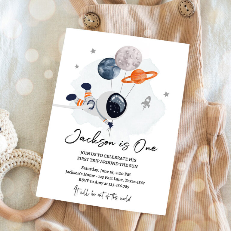 3 Editable Outer Space Birthday Invitation Orange Out of this World Astronaut Trip Around the Sun Download Printable Template Digital Corjl 0366 1