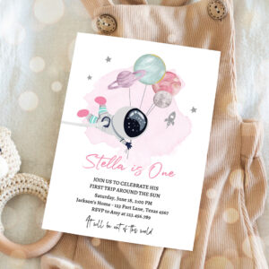 3 Editable Outer Space Birthday Party Pink Girl Out of this World Astronaut Trip Around the Sun Download Printable Template Digital Corjl 0366 1
