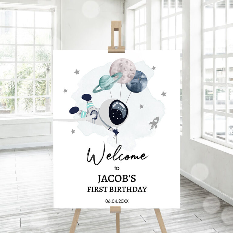 3 Editable Outer Space Birthday Party Welcome Sign 1st Birthday Boy Galaxy Planets Trip Around the Sun Astronaut Template PRINTABLE Corjl 0366 1