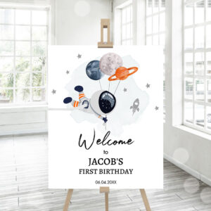3 Editable Outer Space Birthday Welcome Sign 1st Birthday Boy Galaxy Planets Trip Around the Sun Astronaut Template PRINTABLE Corjl 0366 1
