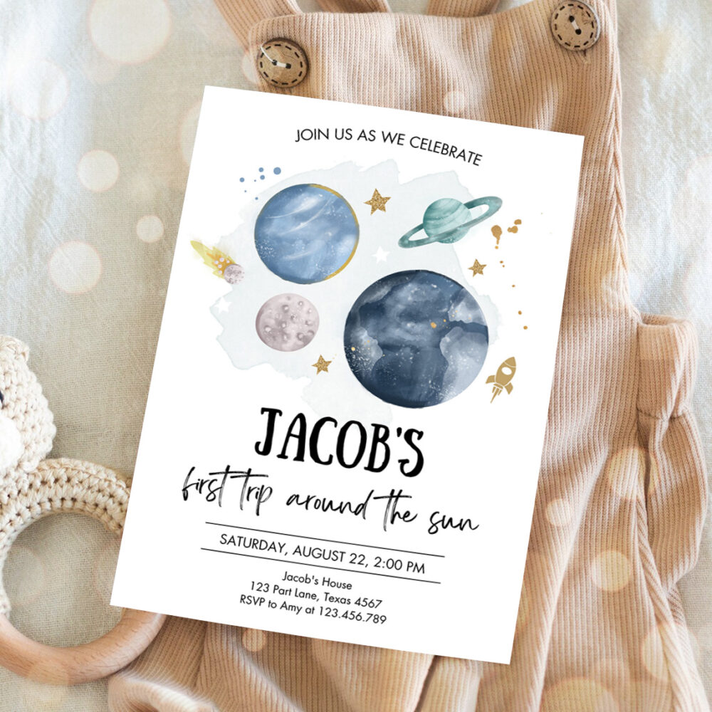 3 Editable Outer Space First Birthday Invitation Galaxy Blast Off First Trip Around the Sun Party Invitation