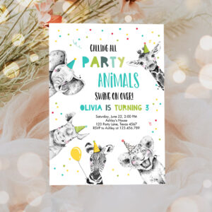 3 Editable Party Animals Birthday Invitation Calling All Animals Zoo Safari Animals Boy Green Neutral Download Template Corjl Printable 0390 1