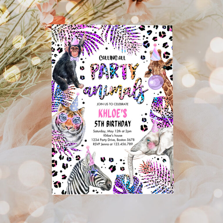 3 Editable Party Animals Birthday Invitation Holographic Rainbow Cheetah Print Safari Animals