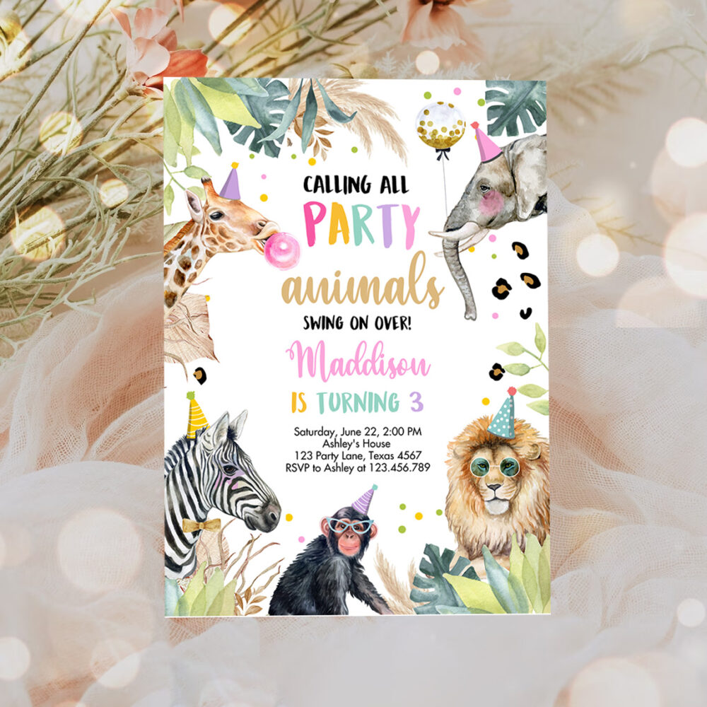 3 Editable Party Animals Birthday Invitation Leopard Print Safari Animals Zoo Birthday Party Girl Pink Download Printable Template Corjl 0417 1