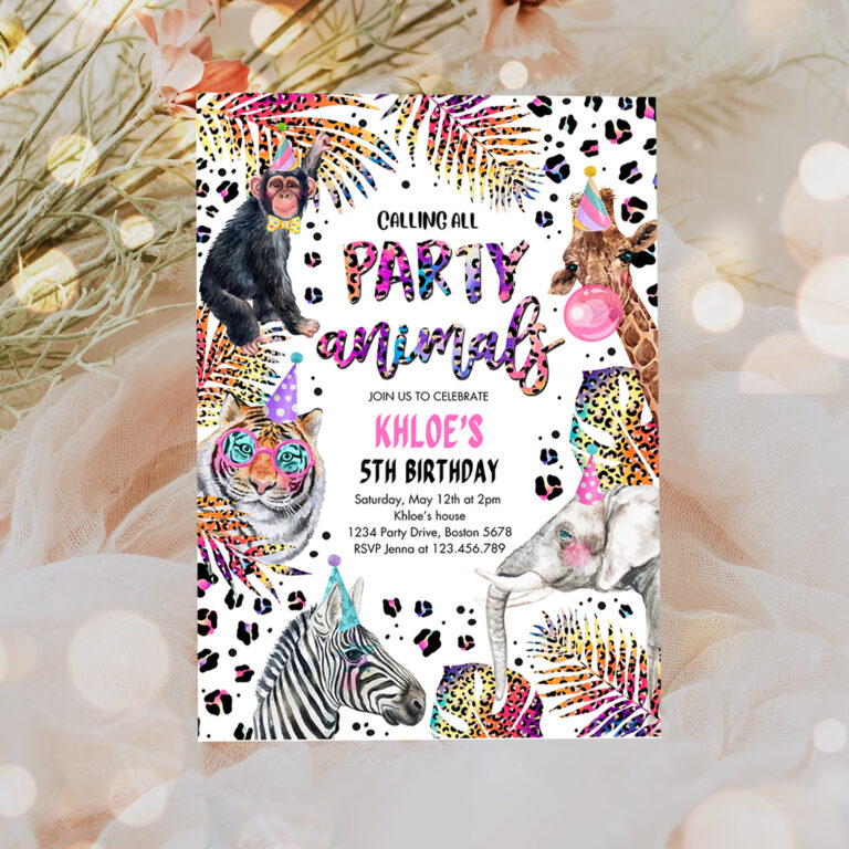3 Editable Party Animals Birthday Invitation Rainbow Cheetah Print Safari Animals Birthday Party
