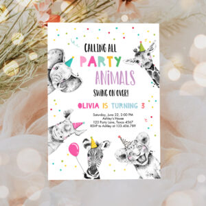 3 Editable Party Animals Birthday Invitation Wild One Animals Invitation Zoo Safari Animals Girl Download Printable Invite Template Corjl 0390 1