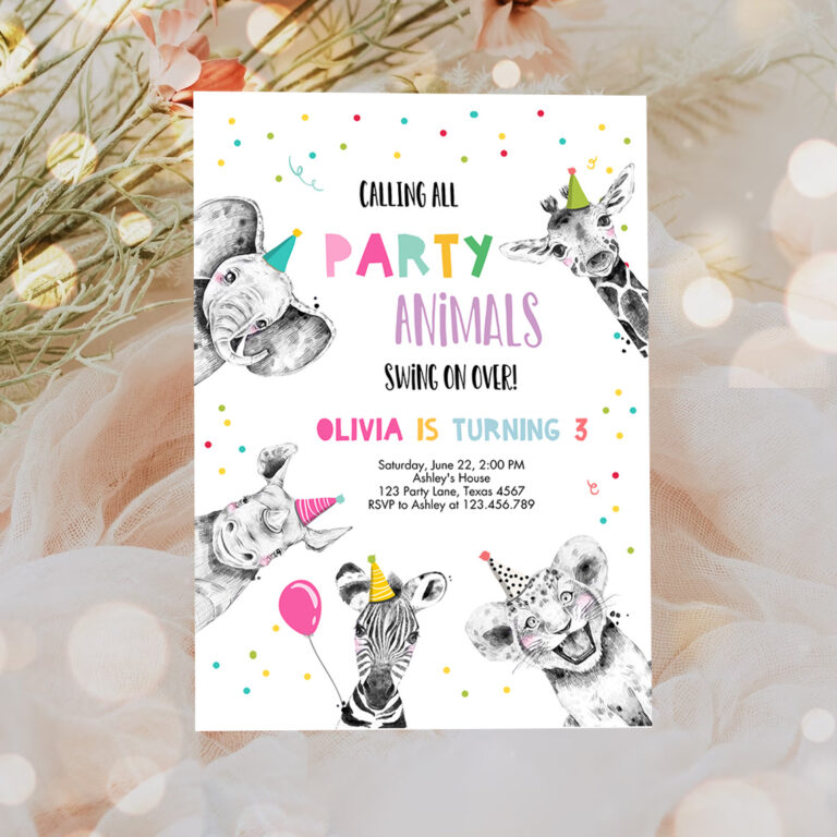3 Editable Party Animals Birthday Invitation Wild One Animals Invitation Zoo Safari Animals Girl Party Invite